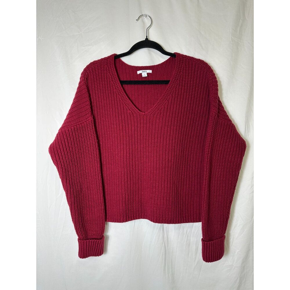 Bar III Women's Burgundy V-Neck Ribbed Crop Sweater, Size L Dolman Sleeves